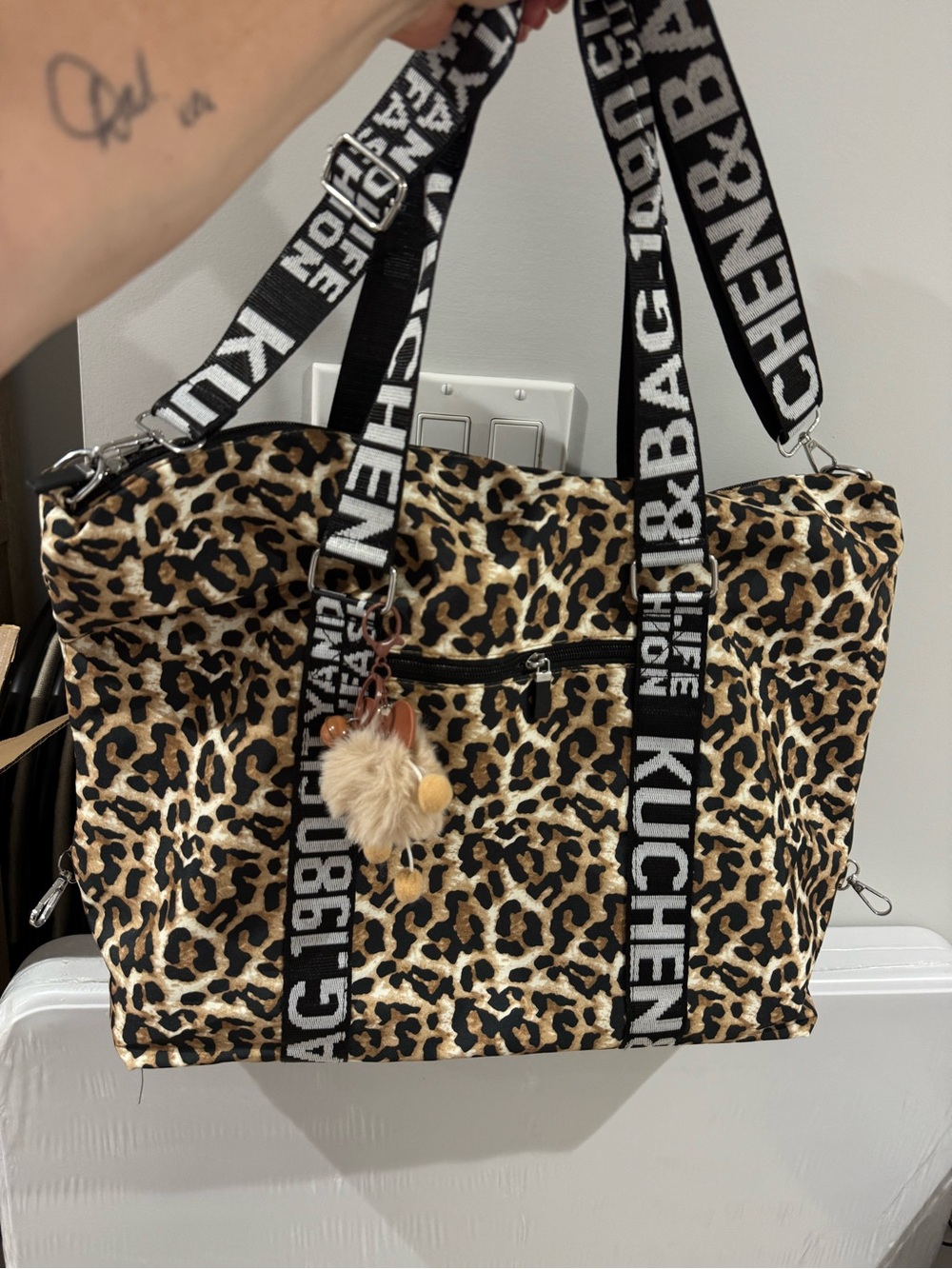 Leopard Print Tote Bag with Black Logo Straps